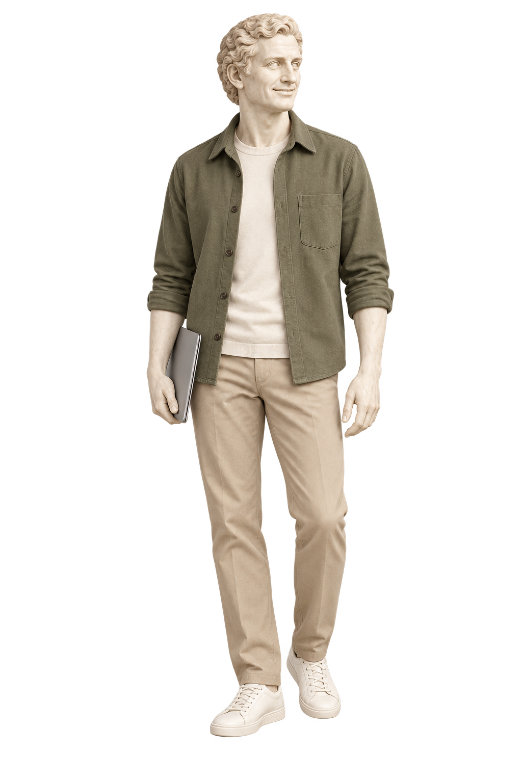 Figura maschile immaginaria in marmo, sorridente, con abiti casual e un portatile chiuso in mano.